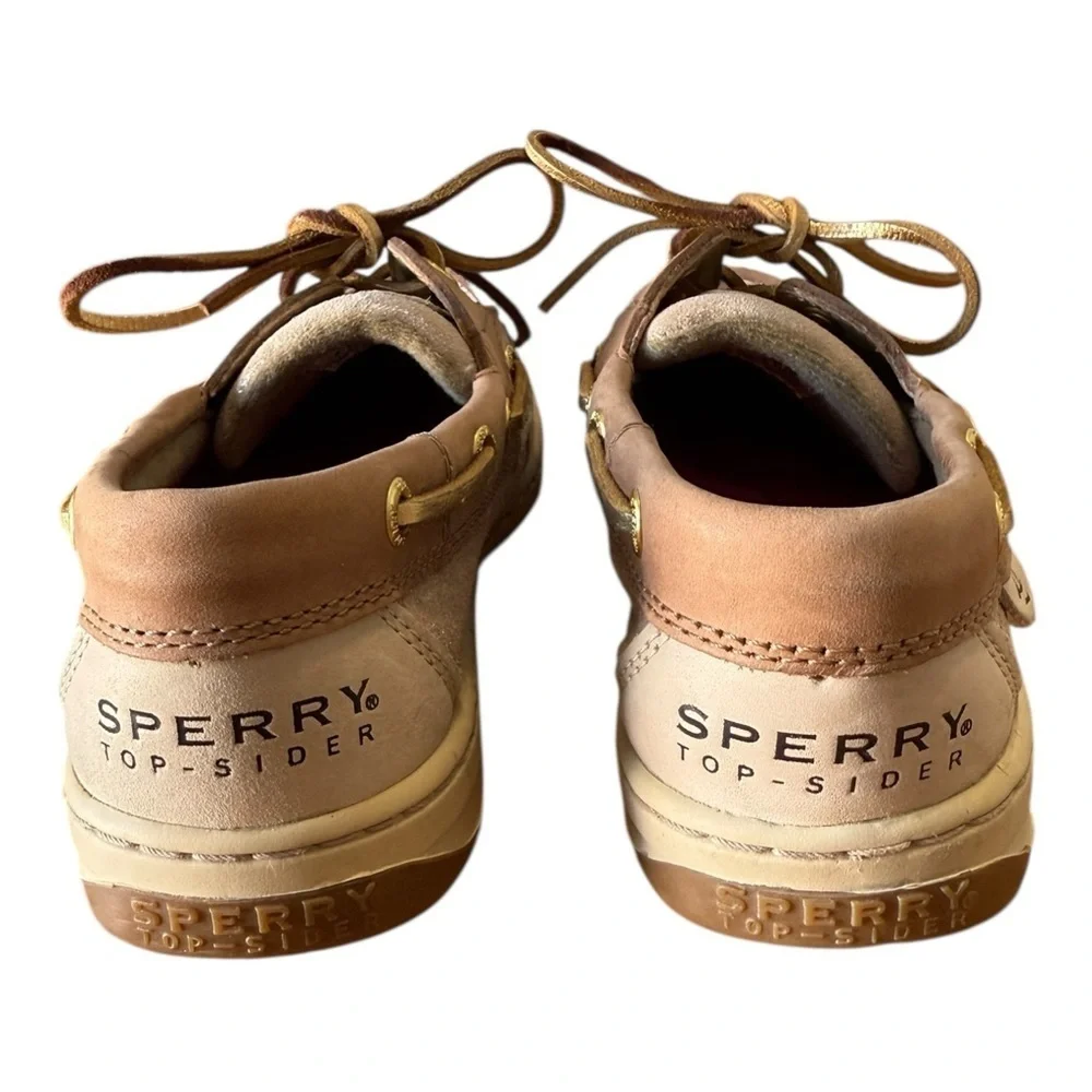 Sperry Top Sider Boat Shoes Womens Size 5M Tan Leather Gold Glitter Deck Lace Up